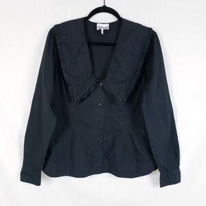 GANNI Button-Up Shirt Pilgrim Collar Womens 40 (L) Black Dark Academia Romantic